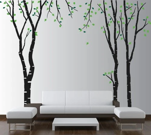 Large Wall Birch Tree Decal Forest 96" (8ft) Tall Black Trees - Green Leaves
