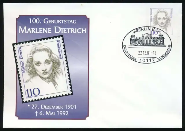 Bund Privatumschlag PU 351 Marlene Dietrich mit SST BERLIN 2001 #124661