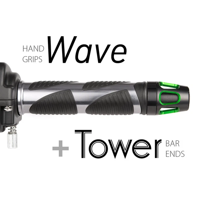KiWAV Motorcycle Wave Grips Dark Gray with Tower Bar Ends Green/Black