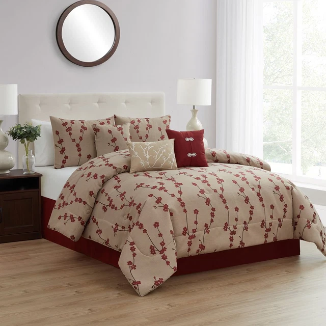 Comforter Set Bed in a Bag Red Floral Flower Pillowcase Sheet Queen Size 7-Piece