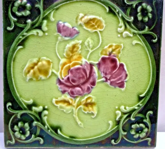 Tile Vintage Porcelain Rose Purple England Art Nouveau Majolica Collectibles#111 2
