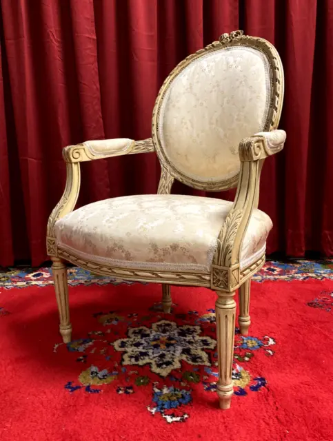 LOUIS XVI STYLE MID-20TH CENTURY OPEN ARM CHAIR w/Cream Moire Damask Upholstery