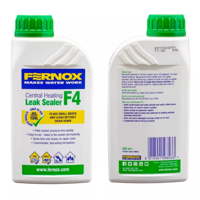 Fernox F4 Leak Sealer 500ml Pipe Work Seal Underfloor & Central Heating Systems.