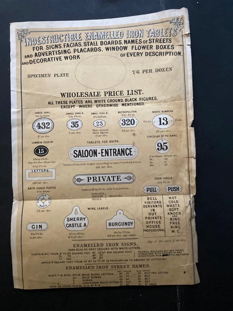 Victorian Indestructible Enamelled Iron Tablets signs wholesale price list sheet