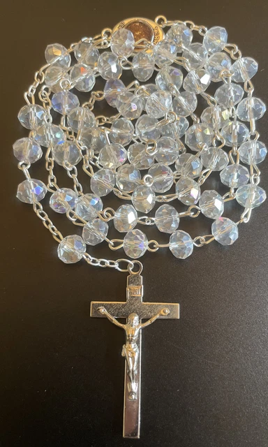 Rosario católico de cristal iridiscente, centro del suelo de Jerusalén, crucifijo Italia