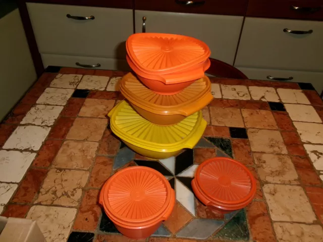 4 Anciennes Boîte Tupperware Soleil Orange Décor Fleur Rangement Plastique
