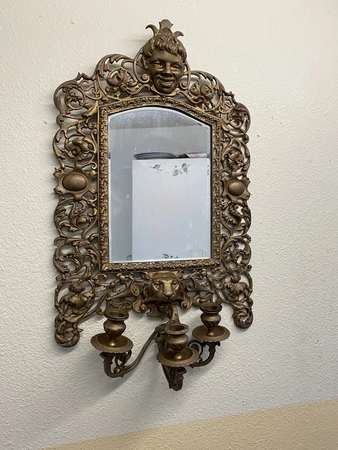 ANTIQUE ORNATE FIGURAL BRASS 3 ARM CANDLE MIRRORED Lion Head WALL SCONCE