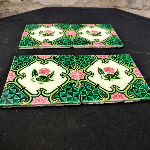 1940 Vintage Majolica Decorative Nouveau Architecture Furniture Tiles 4Pcs Japan 6