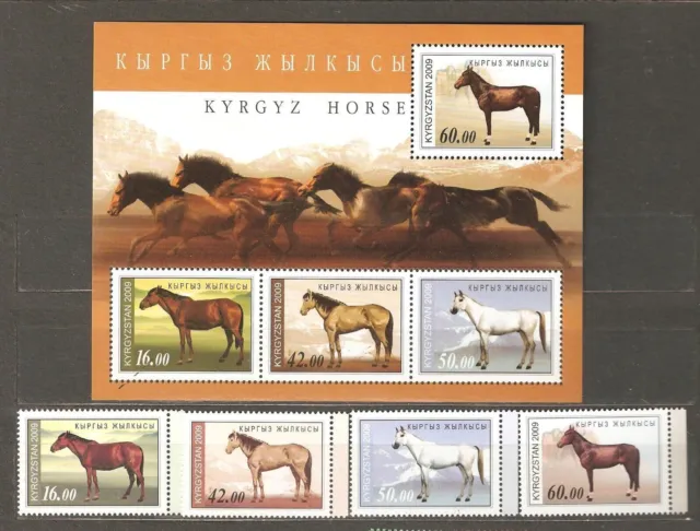 Kirguistán: serie completa de 4 sellos nuevos + bloque, Caballos, 2009,...