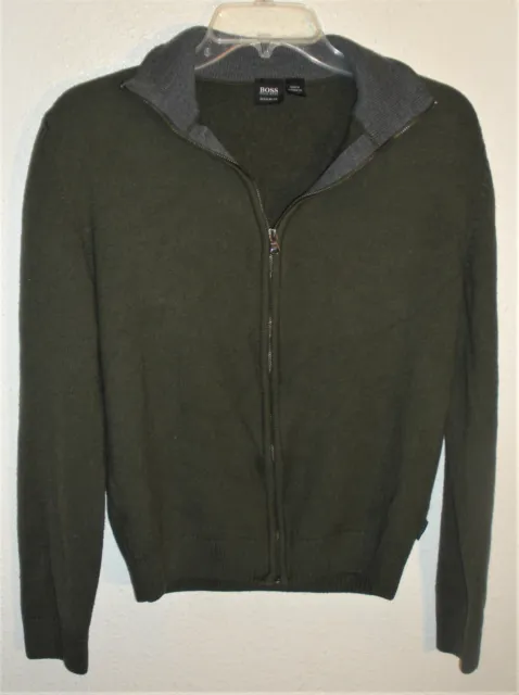 dark green wool blend zipper front cardigan sweater by Hugo Boss size S