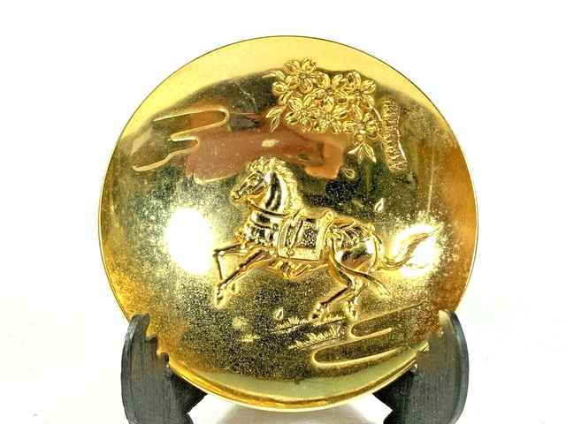 Sake Cup Jumping Horse Under Cherry Blossoms 24KGP Metal Japanese Sakazuki & Box