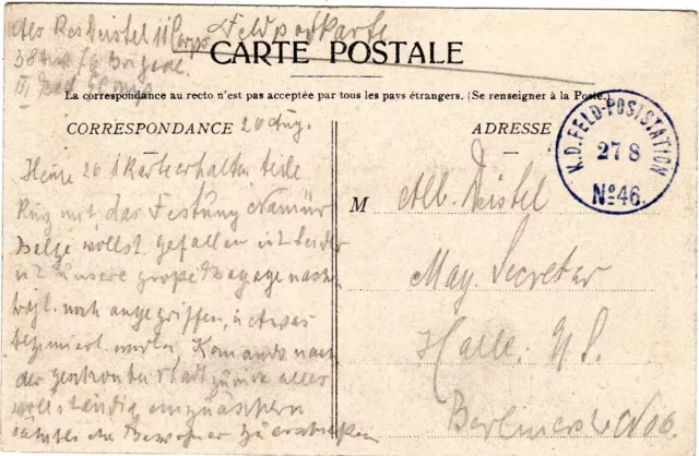 Cartolina Leuze-Longchamps Belgio 1914 posta da campo 46 prima guerra mondiale testo interessante militare