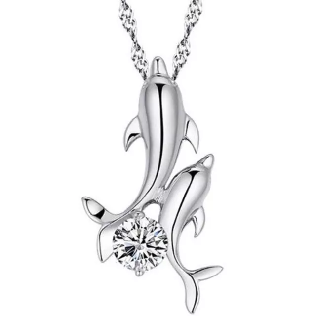 Collier pendentif dauphin en chaîne plaqué d'argent strass courte pour femme