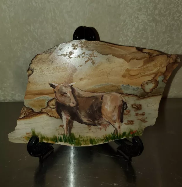 Gorgeous Handpainted Cow Scene On Asymmetric Thin Rock