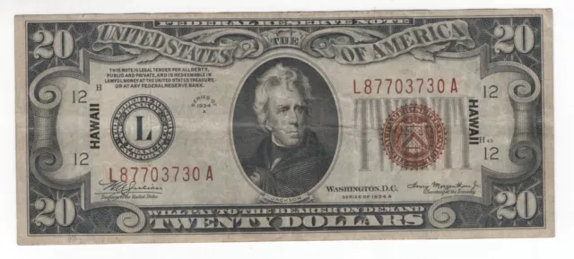 Series of 1934A US Silver Certificate $20, Hawaii FR2305 - Circulated VF