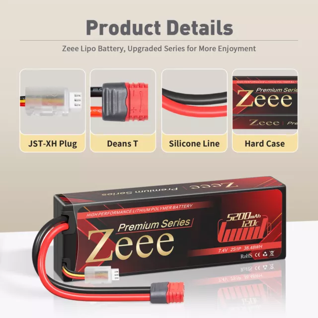 Zeee 7.4V 2S LiPo Battery Deans 5200mAh 120C for RC Car Truck Boat Drone UAV PFV