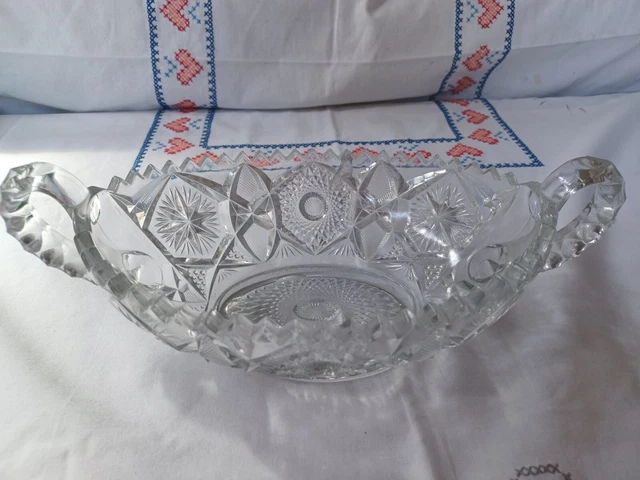 Vintage Brilliant Cut Glass Sawtooth Rim Two Handle Oval Bowl Lead Crystal
