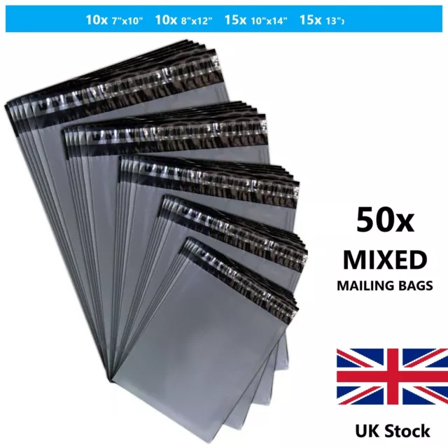 50 Mixed Mailing Plastic Bags Poly Postage Parcel Bag Grey in 4 Sizes