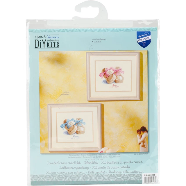 Vervaco Counted Cross Stitch Kit 7.75"X6.5"-Baby Boots Record On Aida (18 Count)