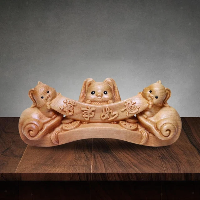 Sculpture de figurine de lapin en bois, statue de lapin d'ornement d'artisanat