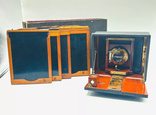 1898 Antigua cámara de placa de golf G. Gennert Montauk con 4 placas de 2 caras + estuche