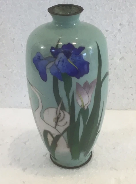 A Vintage Cloisonné Small Vase, Pale Jade Green Ground with a Pattern of Irises.