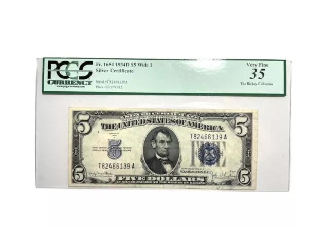 1934-D "WIDE I"  -Five Dollar Silver certificate Blue Seal  Fr.1654  PCGS  VF35 2