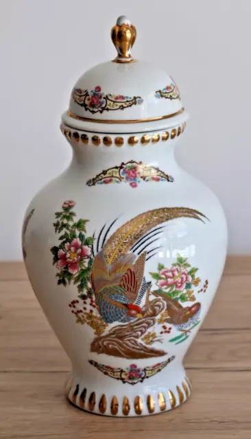 Grand pot couvert en porcelaine espagnole décor fleurs et paon/Rangement cuisine