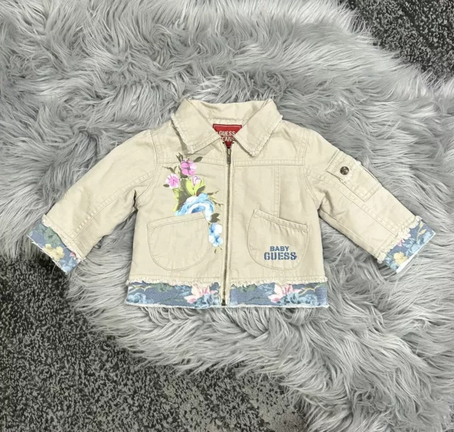 Guess Baby Embroidered Khaki Denim Zip Up Floral Jacket 12 Month