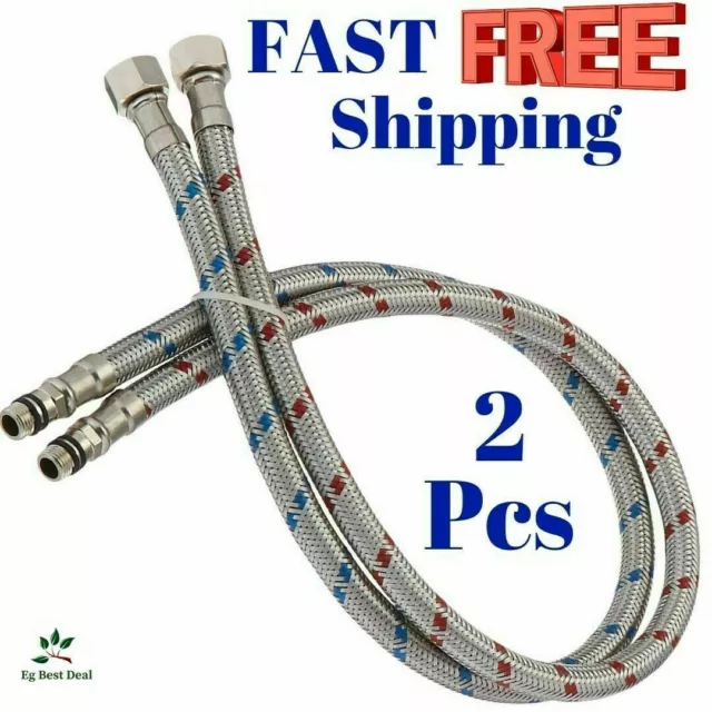 24/48in Kitchen Bathroom Faucet Water Hose Cold/Hot Universal Braided Water Pipe