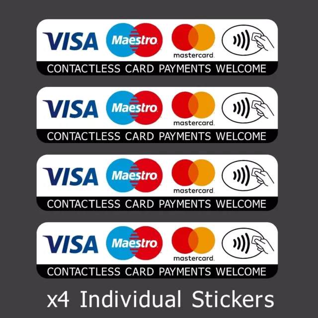 4x Contactless Credit Card VISA Mastercard Maestro Payments Stickers Taxi Shop