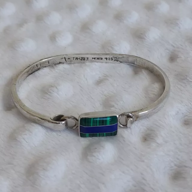 Stamped Mexico 925 Bracelet Silver Bangle Blue And Green Stone Hook Arm Jewelry