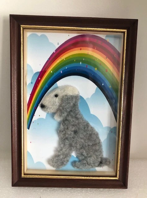 BLUE BEDLINGTON TERRIER DOG with RAINBOW PART NEEDLE FELTED IN SHADOW BOX
