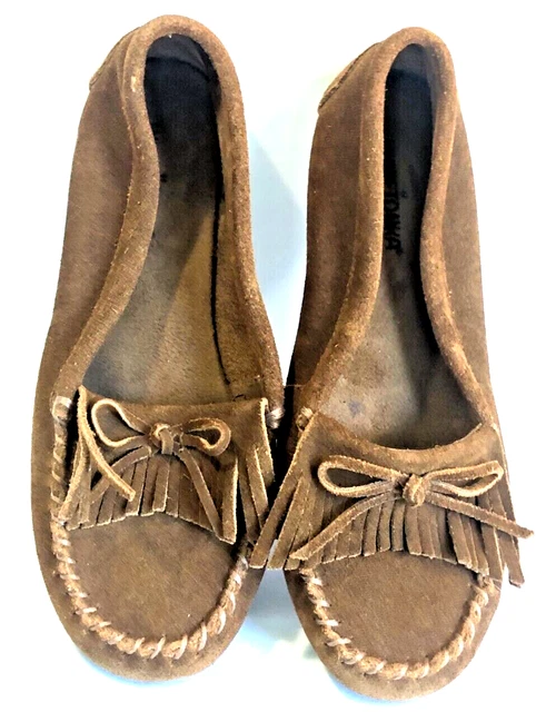 Minnetonka Kilty Hardsole Fringe Suede Moccasins Brown Women's Size 8 Handmade