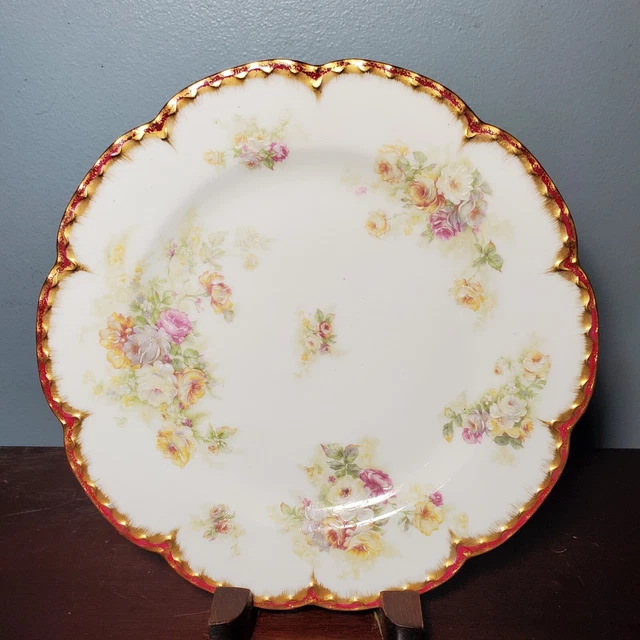 ANTIQUE HAVILAND LIMOGES Red & Gold Rim Floral Porcelain Dessert Plate