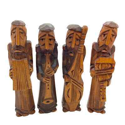 Folk Art Statues Four Old Men Instruments Hand Carved Wooden Polish Figurine
