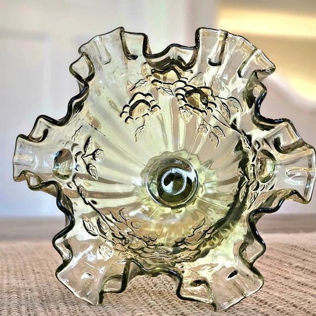 FENTON COLONIAL GREEN Cabbage Rose Double Ruffle Compote Candy Nut