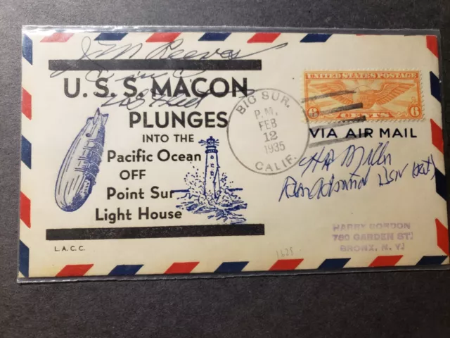 Airship USS MACON ZRS-5 Naval Cover 1935 SIGNED CRASH Cachet BIG SUR, CALIF