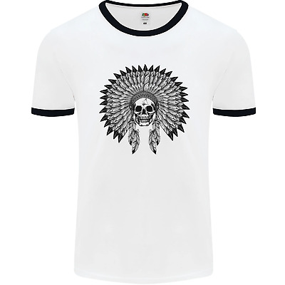 Indian Skull Headdress Biker Motorcycle Mens White Ringer T-Shirt