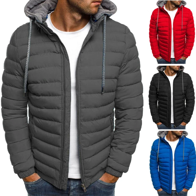 Men Padded Quilted Coat Zip Up Puffer Jacket Winter Hooded Hoodie Bubble Outwear