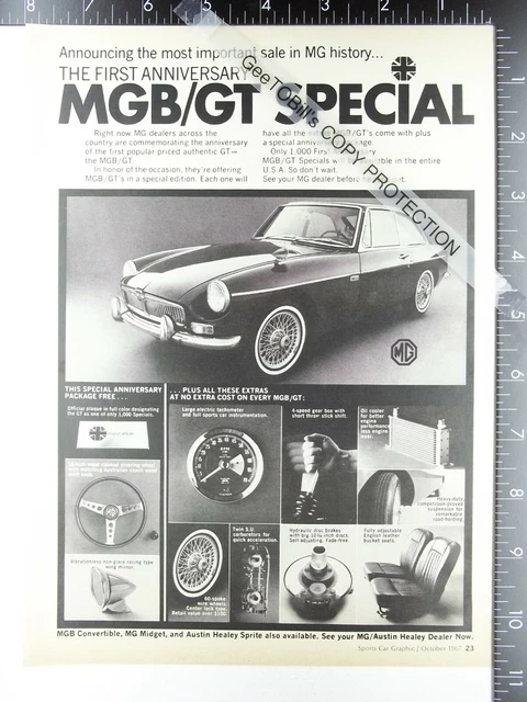 1968 MGB GT ad bucket seat tachometer tach steering  wire wheel disc brake shots