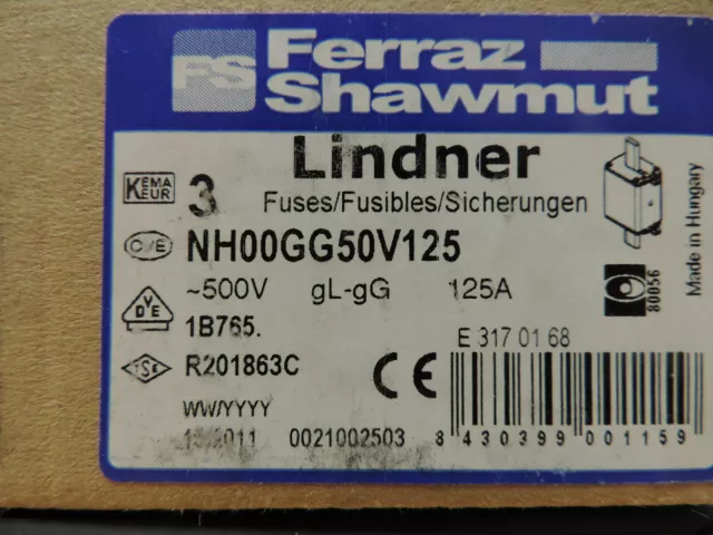 3 x Ferraz Shawmut / Mersen Linder NH00GG50V125 125A Fuse 500V includes VAT 3