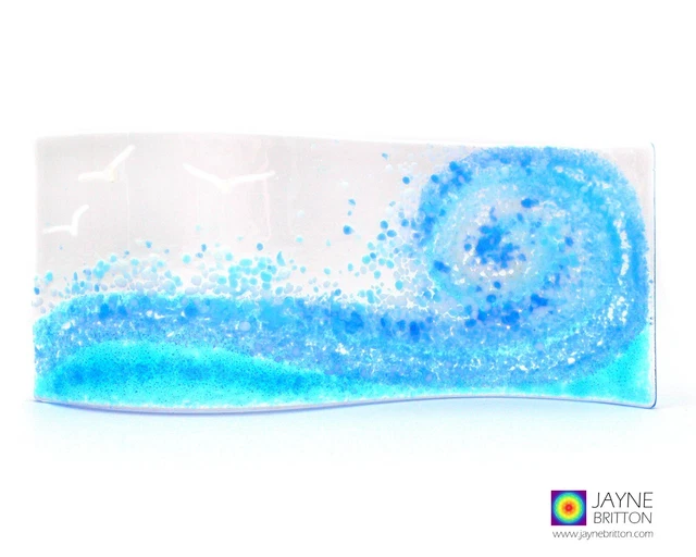 Ocean wave and sea birds curved panel, handmade fused glass, self standing art