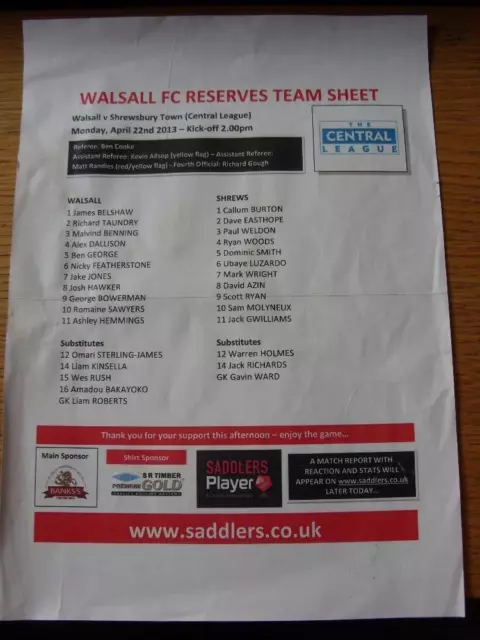 22/04/2013 Walsall Reserves v Shrewsbury Town Reserves  (folded, creased)