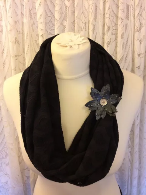 Black Knitted / Lace Tubular Snood Cowl Loop Infinity Circle Scarf Scarves