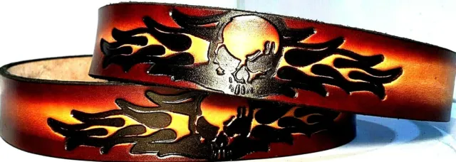 Skull Flames Embossed 100% Genuine Cowhide Leather Belt Size 26-48 Made In Usa