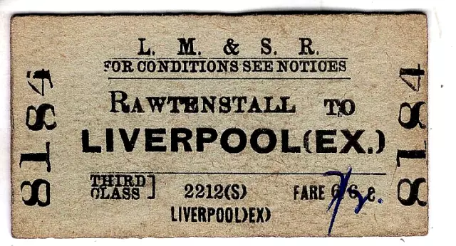 Railway ticket: L.M.S.: Rawtenstall to Liverpool (Ex)., 1958