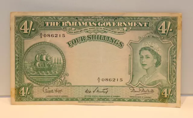 1936 Bahamas Four Shillings Banknote VF (Slight Staining)