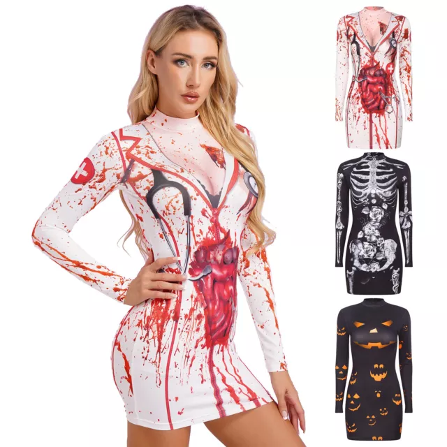 Women Halloween Theme Party Dress Skeleton Devil Cosplay Costume Carnival Outfit 3