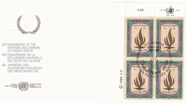 Schweiz UNO Genf 1988 FDC Menschenrechte 4er Block